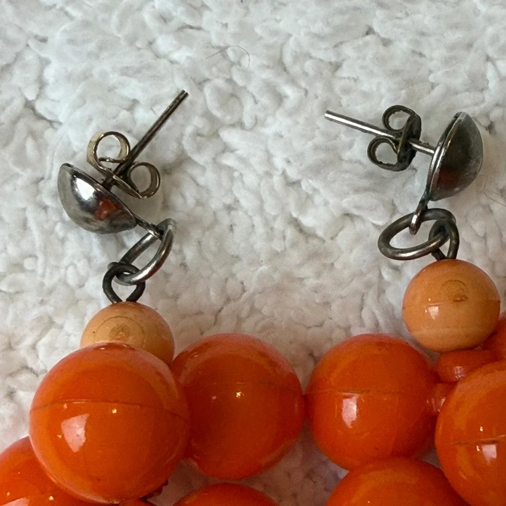 Retro Orange Cluster Bead Drop Earrings Silver Filigree Statement Dangle Boho
